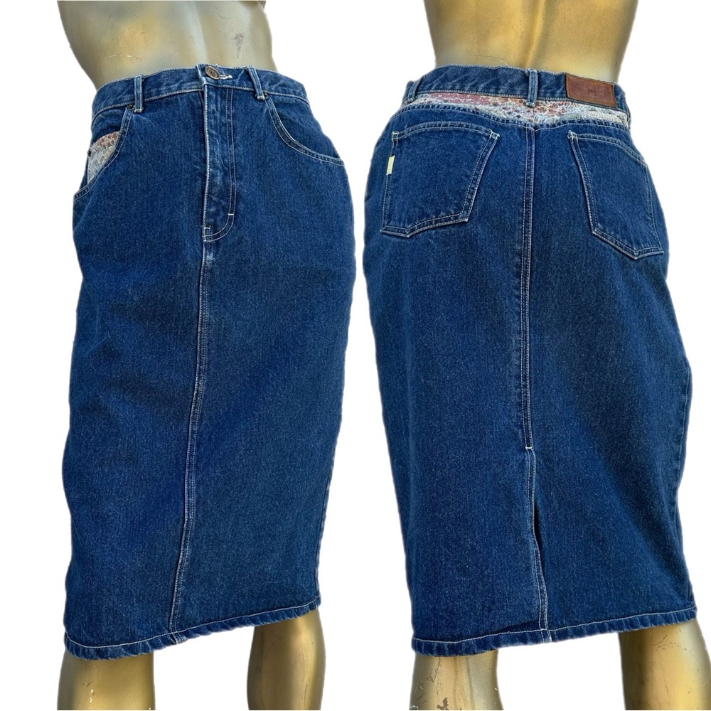 VINTAGE JAG 100% cotton denim pencil knee length skirt w/ tapestry size 10